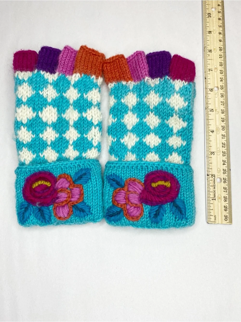 Handmade Knit Fingerless Gloves Floral Embroidery Cottagecore One Size
